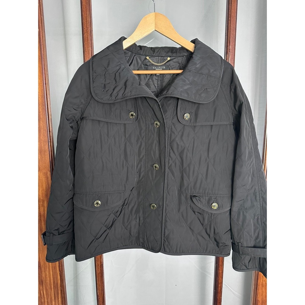 Talbots Diamond Quilted Jacket Women's S Black Long Sleeve Collared Button Front